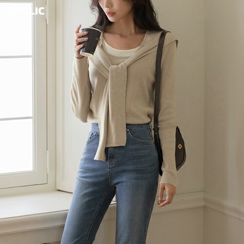 [メガ割りSALE]ショール付重ね着風ニット