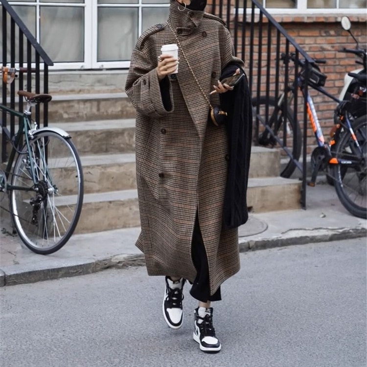 アウター レディース コート ロングコート トレンチコート ロング丈 ハイウエスト 細見え ハイネック 膝下 海外 長袖 襟付き Vネック ゆったり チェック 色っぽい セクシー エレガント きれいめ