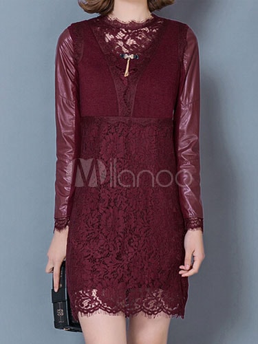 女性のためのブルゴーニュレースのニットショートドレス