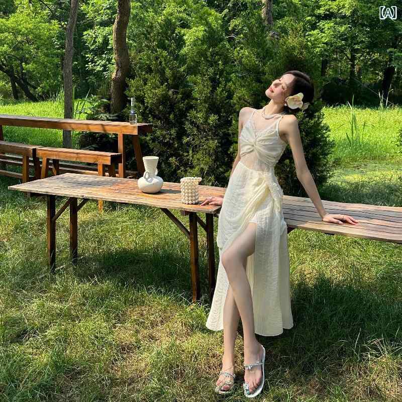 ワンピース レディース 大人 リゾート フレンチ ウエスト レース サスペンダー ドレス 海辺 スリットスカート おしゃれ きれいめ 大人 リゾートっぽい