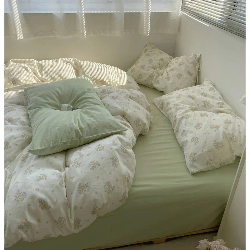 ジャストナウ布団カバーセットグリーン花柄風可愛いオシャレ寝具カバーセット3点セット4点セットコットン100%掛け布団カバーベージュシングルセミダブルダブルベッド用品敷