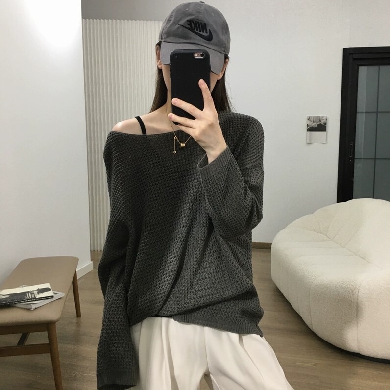 トップス ニットソー セーター 長袖 ドロップショルダー 萌袖 ラウンドネック ストレート Iライン 編み込み 透け感 ニット 薄手 かわいい 大人可愛い きれいめ シンプル カジュアル おしゃれ
