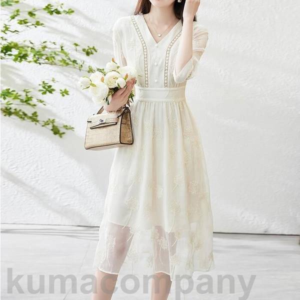 ワンピース ドレス 袖あり 刺繍 エレガント レディース きれいめ カジュアル おしゃれ 七分袖 大人 可愛い フェミニン ミモレ丈 ナチュラル Vネック ゆったり 体型カバー 透け感 ハイウエスト