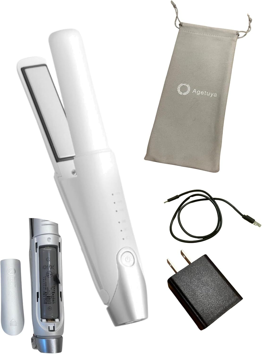 アゲツヤ コードレスミニヘアアイロン（ホワイト）【PSE認証取得製品】電池着脱可 機内持ち込み可能 typeC充電 3000mA 300W 3段階温度調節 2wayカール&ストレートアイロン AG