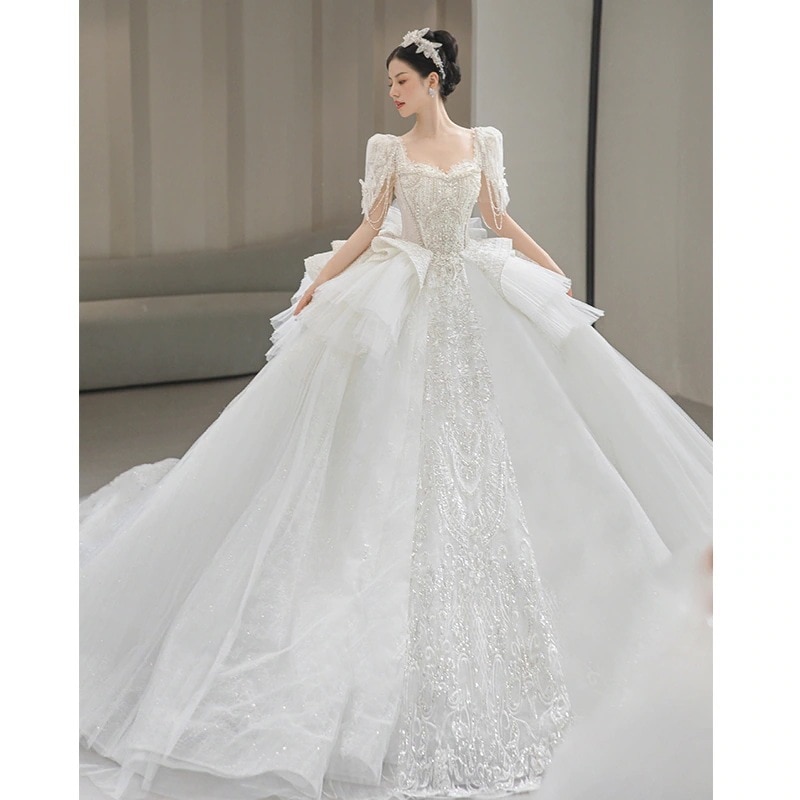 ライトウェディングドレス2025新作花嫁ガールスモールメインヤーン重工業豪華質感宮殿風冬