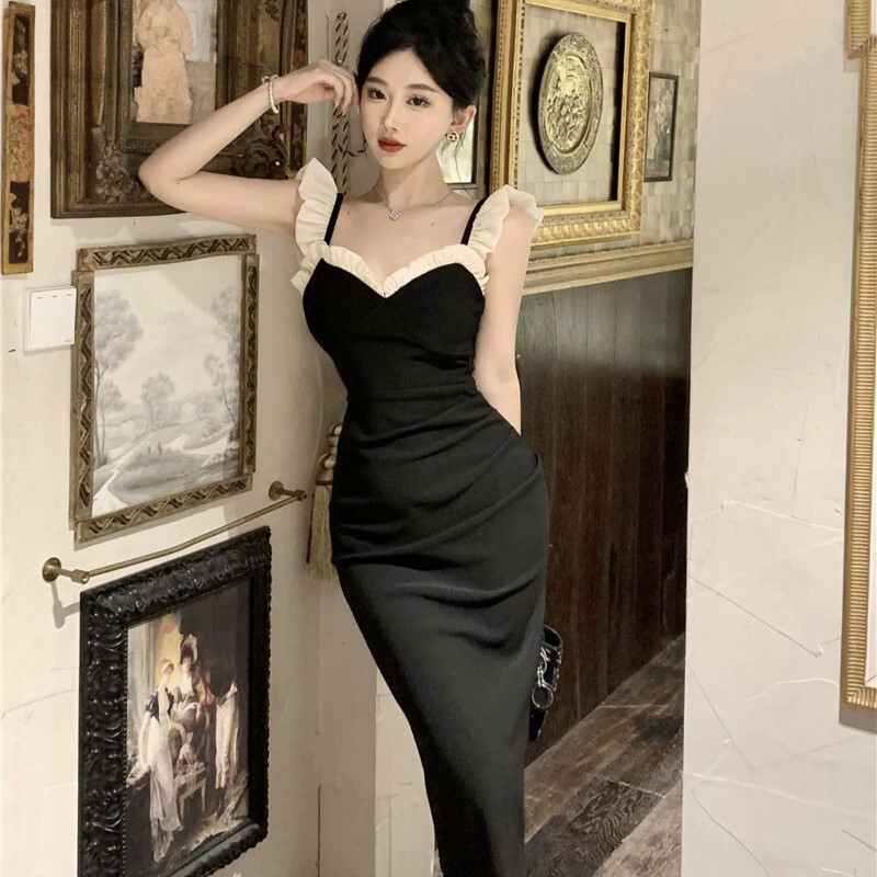 ドレス ワンピース パーティードレス ミモレ丈ドレス タイトドレス ブラックドレス ワンピースドレス セクシードレス 膝下 袖なし ノースリーブ Iライン スレンダー タイト スリム 細身 フリル