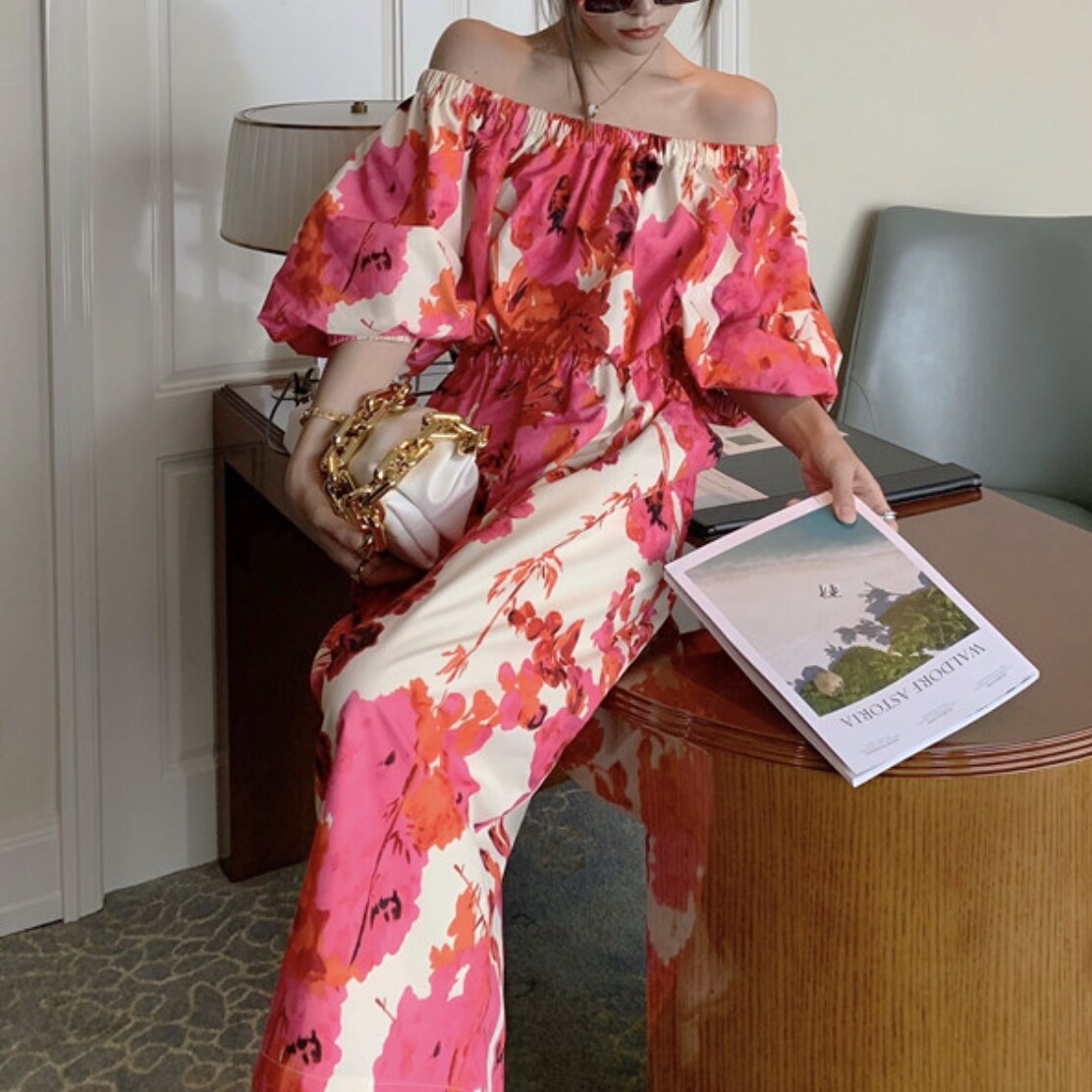 ワンピース　ロングワンピース　ロング　マキシ　マキシワンピース　花柄ワンピース　オフショルワンピース　袖あり 五分袖 オフショルダー 花柄　Aライン 　大人可愛い　キレイ目　おしゃれ　韓国　エレガント