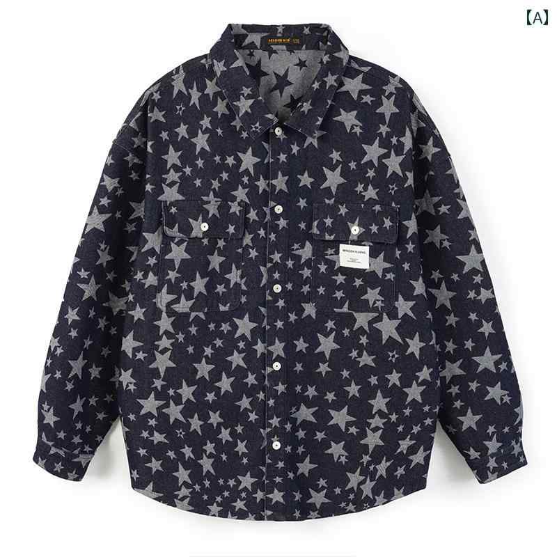 デニムジャケット メンズ 大きいサイズ 長袖 アウター カジュアル 春秋 プリント ブルー 星