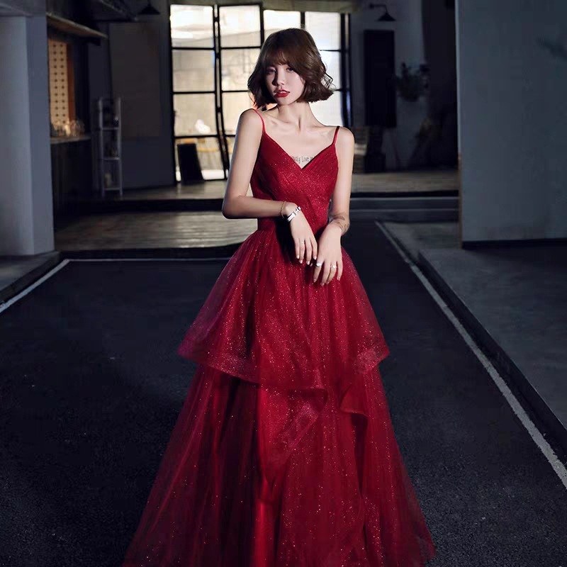 ロングドレス カラードレス 赤 黒 パーティードレス ワインレッド チュール キャミソール 結婚式