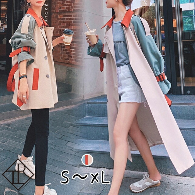 【即納】トレンチコート レディース アウター ロング丈 ミディアム 上着 コート トレンチ スプリングコート 大きいサイズ 体型カバー 春 秋冬 エレガント ベルト付き ステンカラーコート 配色 お呼