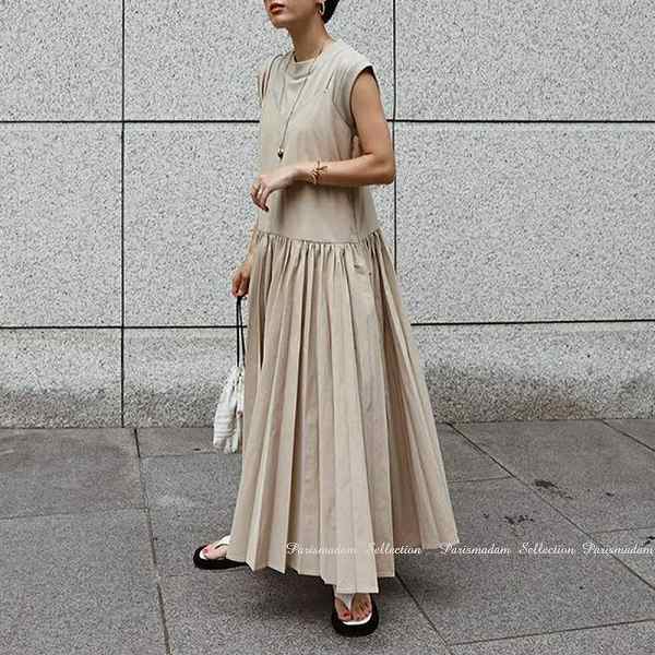 『目玉新商品』プリーツスカート　ロングワンピース　伸縮素材　ベージュ　フレンチスリーブ　ゆったりルーズ お出かけ女子会20代30代40代50代60代