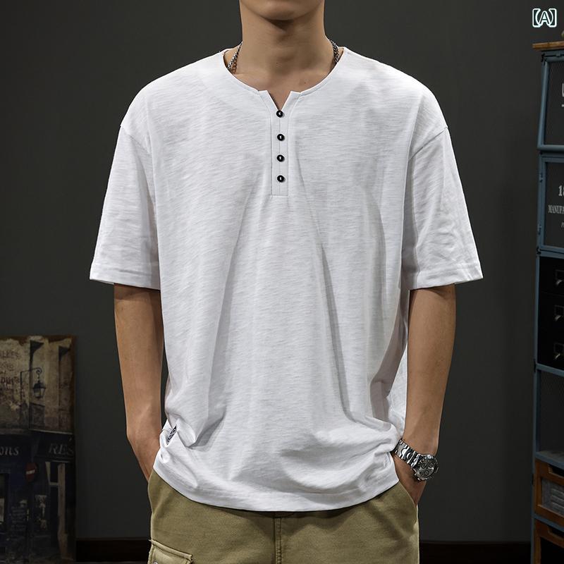 大きいサイズ ポロシャツ 高級感 アメリカン ヘンリーカラー メンズ 半袖 Tシャツ 五分袖 トップス 夏 カジュアル ボタン飾り 都会的 毎日 綿