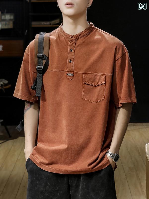 ポロシャツ おしゃれ アメリカン ヘビーウェイト ウォッシュ レトロ 半袖 メンズ サマー コットン ヘンリーネック Tシャツ 男性用 夏 毎日 ポケット 無地 シンプル