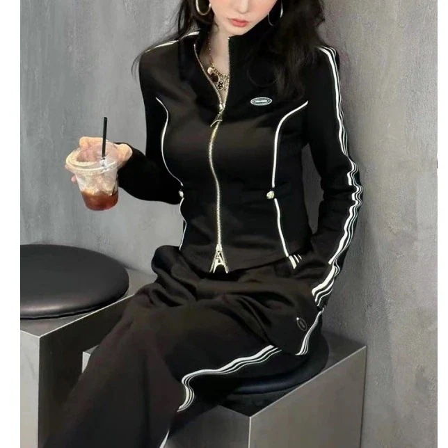 ハイエンドのカスタマイズ-ファッショナブルなカジュアルスポーツスーツ女性のスリムジャケットワイド脚パンツ 2 点セット 2025 春の新作婦人服