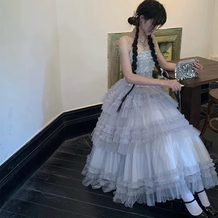 【2枚購入で 3oo円OFF！】ロリータドレスレイヤーケーキ灰色のjskフラワーウェディングドレスロリータエレガントなプリンセスドレス