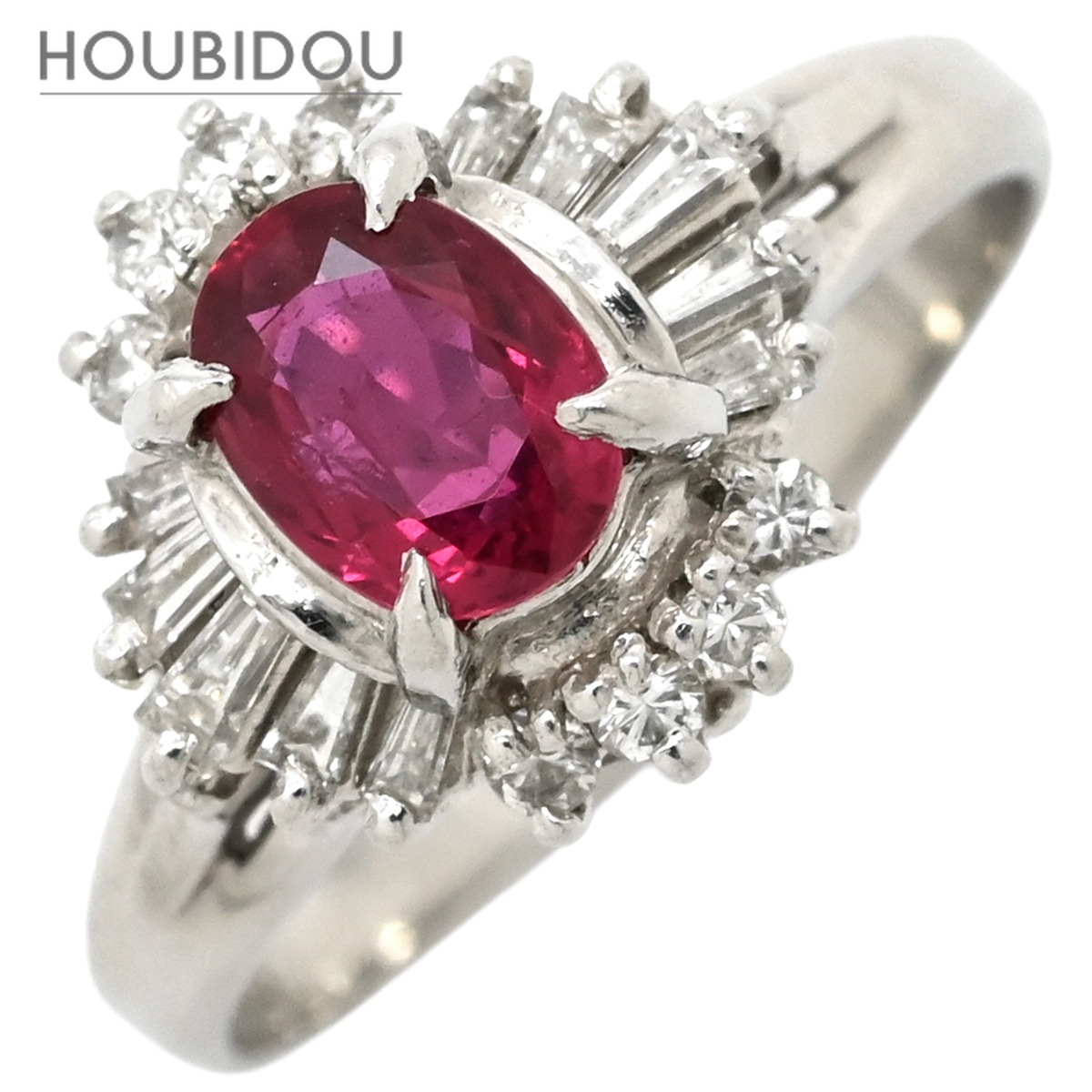 リング 指輪 ルビー 0.66ct ダイヤモンド プラチナシルバー レッド 赤 1石 プラチナ オーバルミックスカット 7.5号【中古】