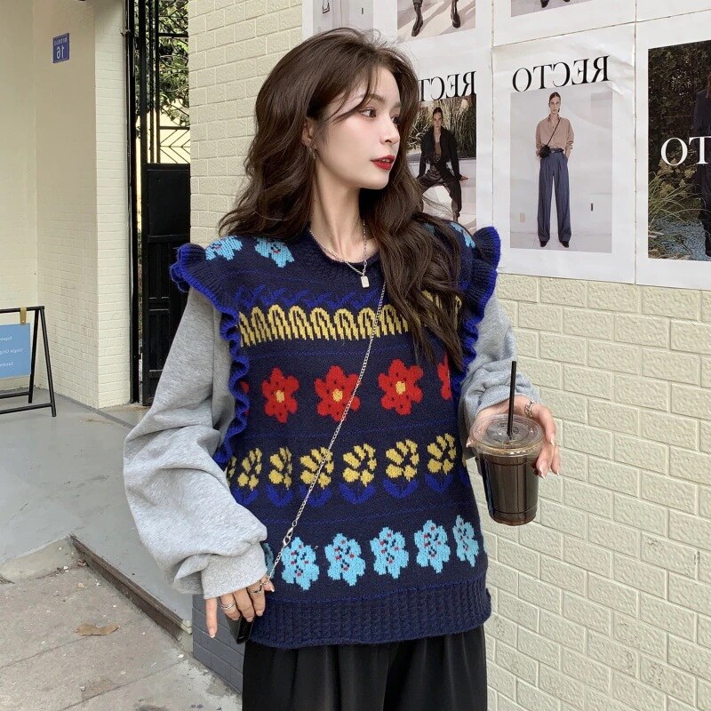 あったかカシミヤタッチ ラウンドネックニット ラブリータートルネックベーシックニット復古 ゆったりデザイン感 ファッション 花 木耳縁 ニットベスト69