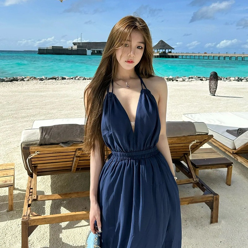 レディース ワンピース キャミソール ロング マキシ 袖なし ノースリーブ Vネック フレア Aライン シフォン リボン ウエストマーク バックリボン バックコンシャス ハイウエスト 透け感