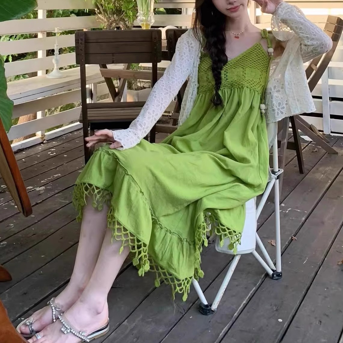 レディース ワンピース 膝下 膝上 ロング ノースリーブ Vネック セミフレア 編み込み 切り替えデザイン コットン フリンジ かわいい カジュアル おしゃれ ガーリー ナチュラル 無地 夏 通学