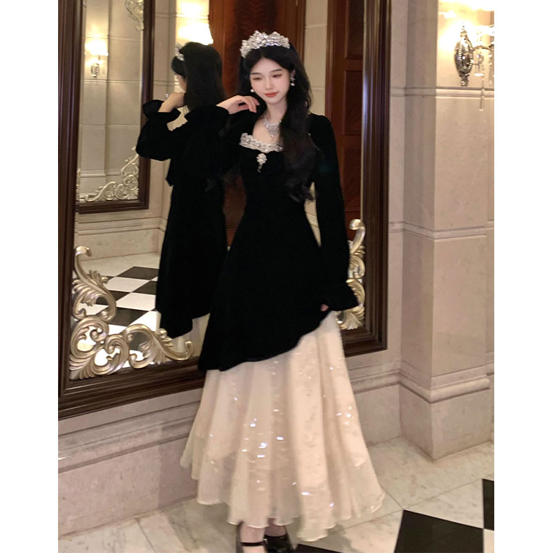 メッシュステッチベルベットドレス秋冬甘い気質誕生日ドレスリトルブラックドレス