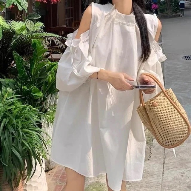 24 ワンピース ミニ丈 ラウンドネック ノースリーブ オープンショルダー ゆったり 細見え 茶色 黒 白 おしゃれ かわいい キュート 甘め カジュアル 韓国ファッション レディース お