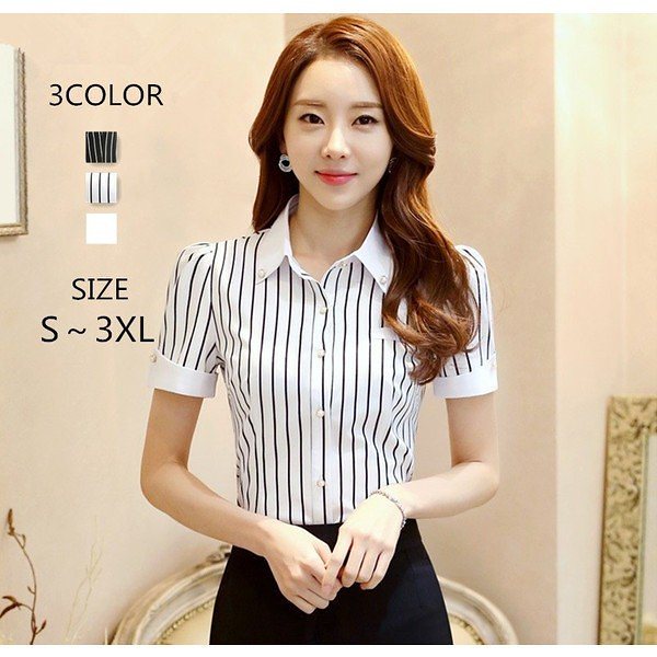 襟ありレディーススーツシャツ ストライプ ビジネス 春のコレクション 着痩せ 通勤ol オフィス フォーマル 夏3