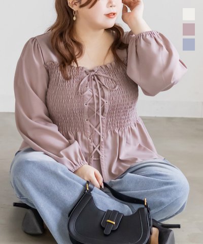 大きいサイズ レディース LL 3L 4L XL XXL XXXL CLETTEオリジナルレースアップシャーリングブラウス