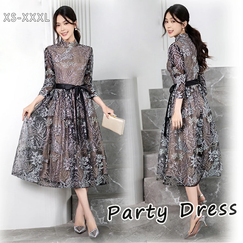 結婚式 ワンピース パーティードレス ミモレ丈 フォーマルドレス ドレス お呼ばれ フォーマル ワンピース 袖あり 結婚式 ワンピース パーティードレス 大きいサイズXXXL 入園式 二次会 謝恩会
