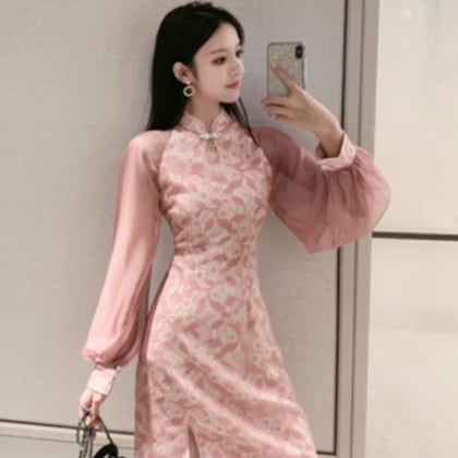 チャイナ服デザイン膝丈ワンピースドレス ワンピース ドレス ひざ丈 長袖 タートルネック スリム