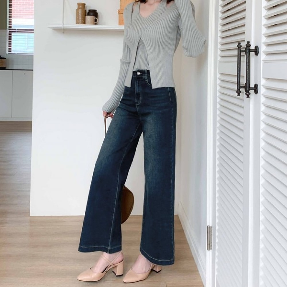 (Jinmania) ダークブルー隠しバンディングシンプルワイドデニムパンツ