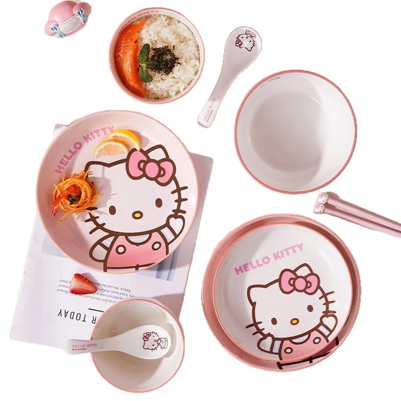 かわいいキャラクター猫皿皿箸スプーンセット家庭用高ルックスかわいい陶器セット子供食器