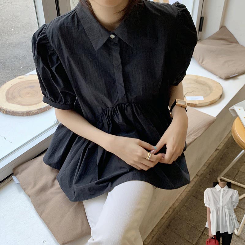 トップス シャツ 黒 F即納 白 レディース パフスリーブ 半袖 2423346 ギャザー 裾フレア