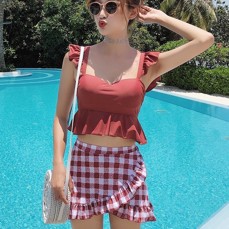 スイムウエア セット 3点ゼット 水着 セパレート水着 スカート付き パッド付き バックシャン フリル 可愛い かわいい 大人可愛い シンプル カジュアル 大人 おしゃれ お洒落 大人女子 こなれ感