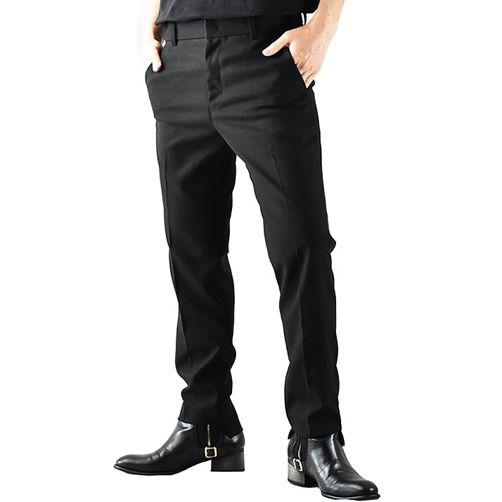 【Lサイズ】メンズ スラックス スリム 裾 アシンメトリー ビジネス フォーマル スリムスラックス スリムパンツ 細身 美脚 スーツ きれいめパンツ ブラックパンツ モード系 V系 ヴィジュアル系