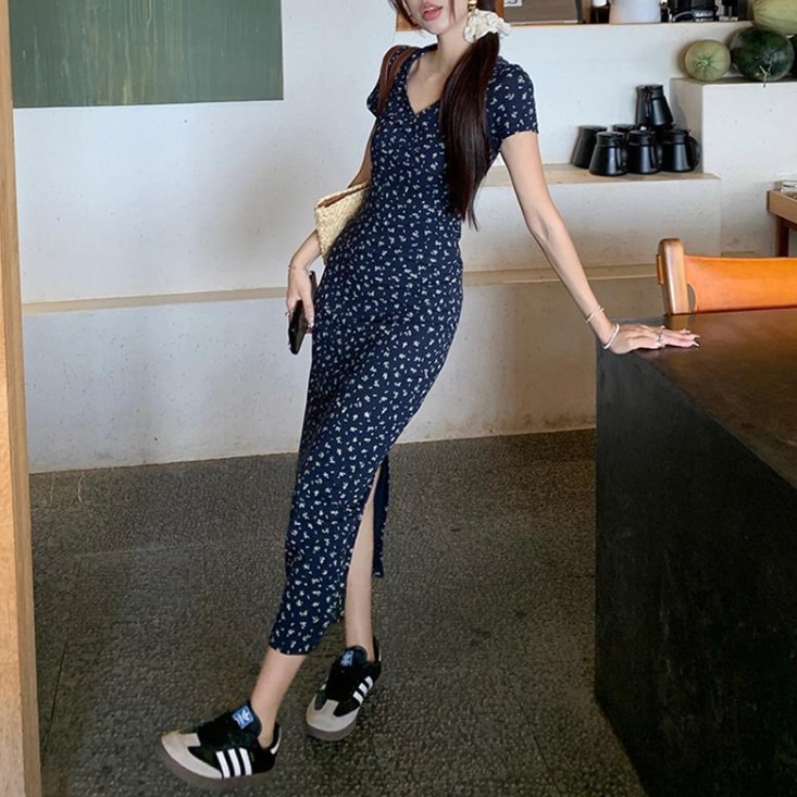 レディース スカート ワンピース ロングスカート ロング 半袖 Vネック 襟なし スリム 細身 スマート フェミニン ハイウエスト 薄手 かわいい 大人可愛い きれいめ シンプル カジュアル 上品