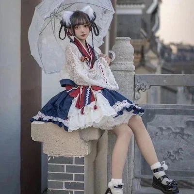 ロリータ かわいいロリータとウインドホワイトスノーダックのロリータスカートフルセットOPスカートスーツ