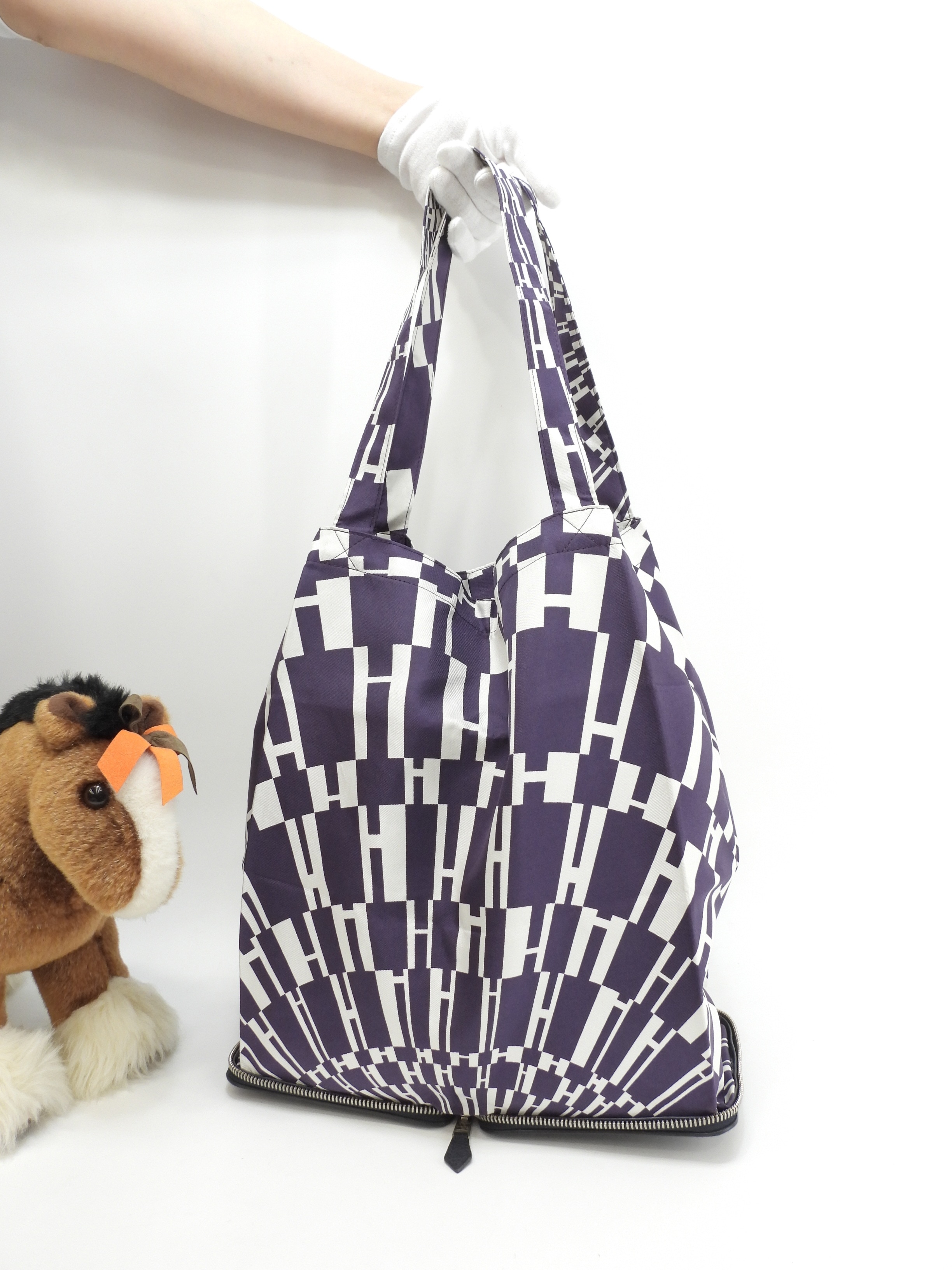 シルキーポップ フィヨルドレザー/シルク 紺紫白 エコバッグ ハンドバッグ極美品@K