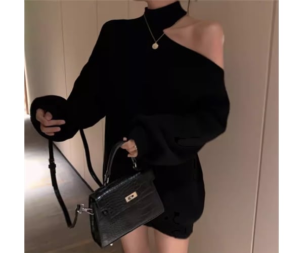 レディース ワンピース プルオーバー ニットワンピ ミニ ショート 長袖 ハイネック ホルターネック ワンショルダー 大人可愛い シンプル カジュアル おしゃれ こなれ感 個性的 存在感 抜け感