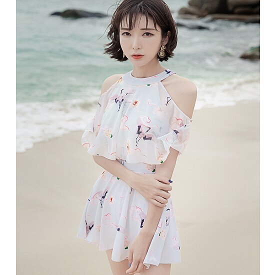 【取寄：納期2週間】水着 レディース ワンピース 体型カバー 水着 バード柄 オフショル かわいい 水着