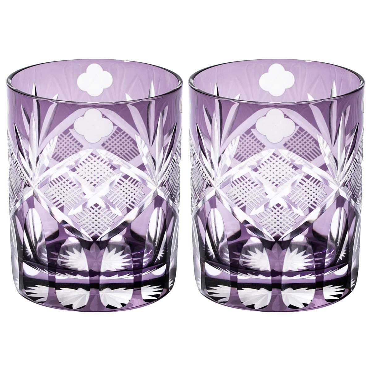 【 太武朗工房 公式 】 江戸切子 四ツ葉元禄紋 オールドグラス ペア（江戸紫）TB90615-4Ms 木箱入り 日本製