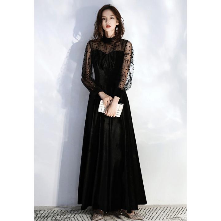 ドレス ロングドレス マキシ丈 長袖 ブラック 無地 エレガント ベルベット 結婚式 二次会 演奏会