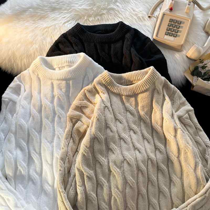 秋冬 コーデ メンズ 服 シンプル ファッション オシャレ 大人 かっこいい 大きいサイズ ストリート 紳士服 ツイスト ラウンドネック セーター 厚手 インナー レイヤリング