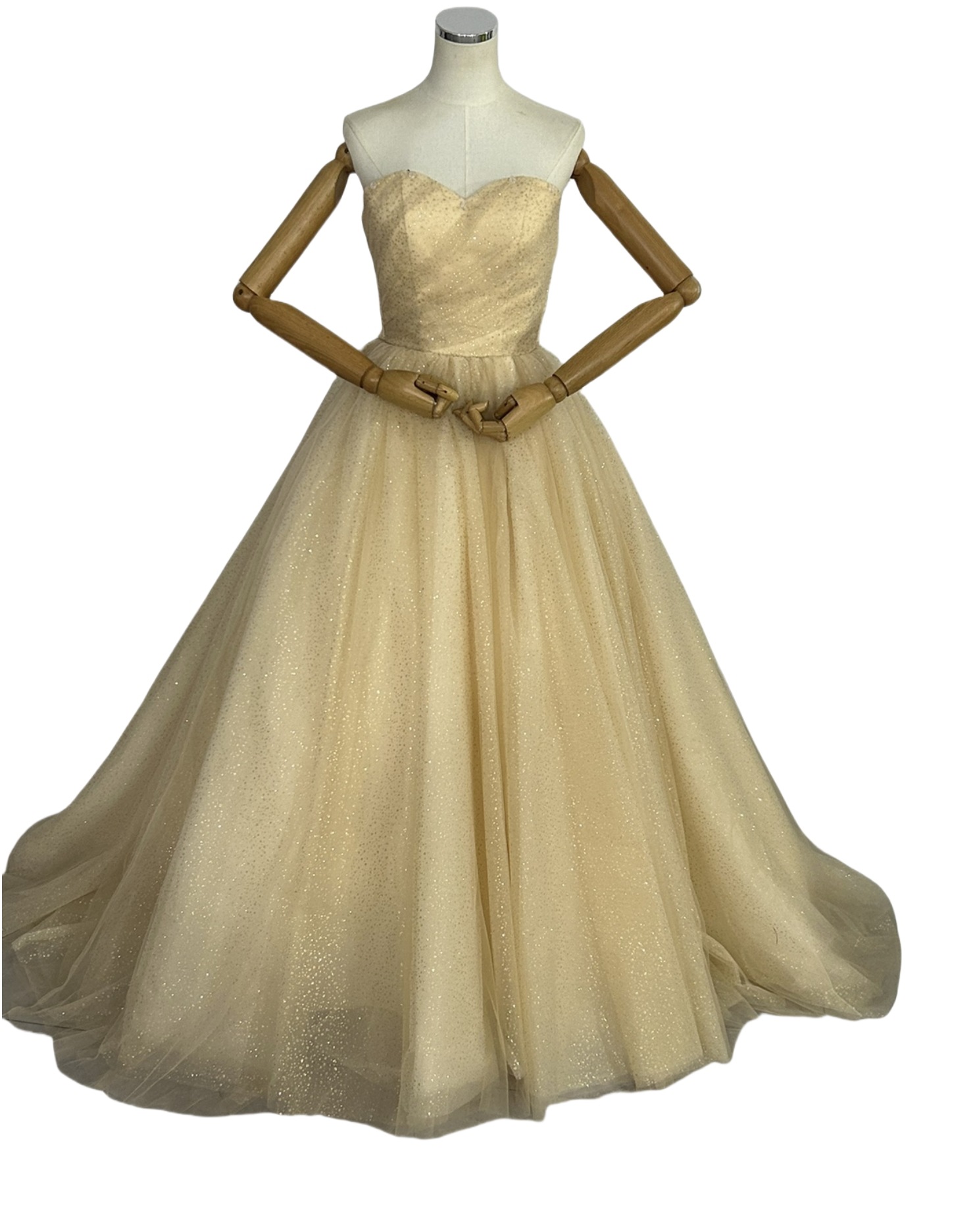 カラードレス シャンパン色 ベアトップ キラキラチュール 編み上げ 短トレーン 披露宴