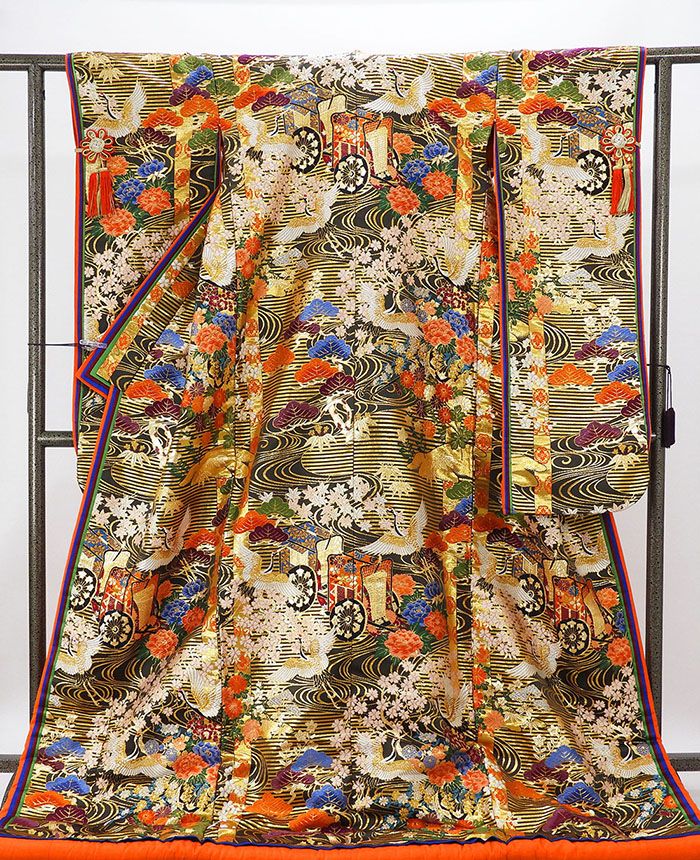 色打掛 正絹 吉祥 四季花 御所車 打掛 花嫁衣裳 婚礼 美品 中古 リサイクル ブライダル ウエディング 着物 e3206