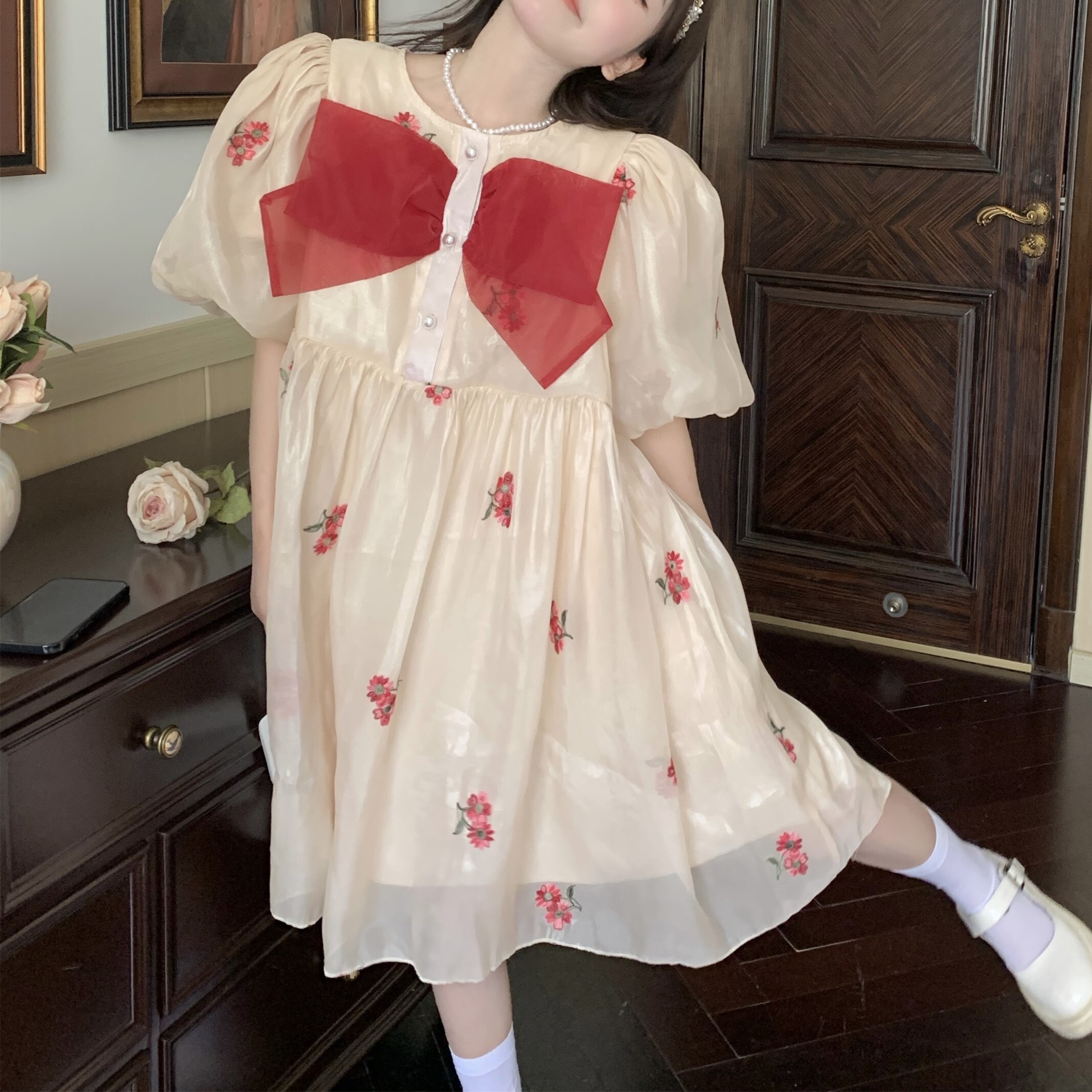 ワンピース レディース ミニワンピース S M L XL 2XL 3XL 4XL 韓国 ミニ丈 ショート丈 ボリューム袖 半袖 ラウンドネック リボン りぼん かわいい 大人可愛い 清楚 フェミニン