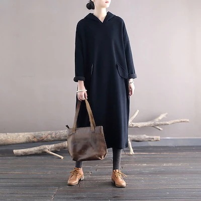 オリジナル国風レトロ文芸秋冬ロング丈衛衣ワンピース女性用加絨連帽ロングスカート