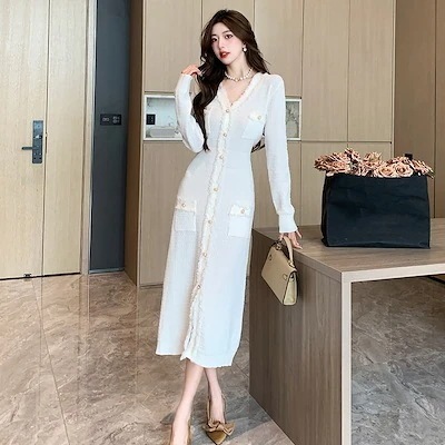 フランス 小さい香 長袖 ニット ワンピース2025秋冬 有名な女性を見て純粋な色 気質 スカート女性