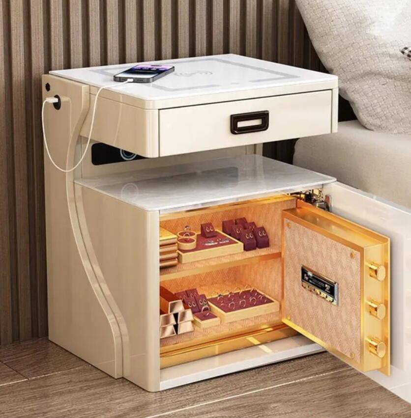 金庫付きテーブル　スマートテーブル　金庫　ブルトゥススピーカーワイヤレス充電　金庫ベッドサイドキャビネット一体現代シンプル寝室スマートベッドサイド岩板家庭用金庫付き収納キャビネット