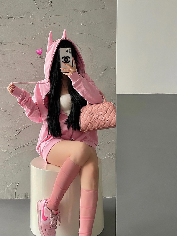 YoungGirlDay ヨーロッパとアメリカのゆったりスリムな小悪魔の耳ダブルジッパーフード付きスポーツカジュアルスウェットシャツジャケット