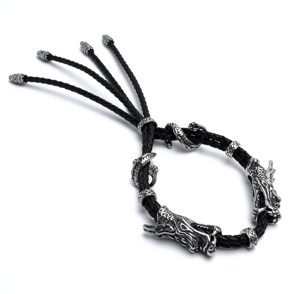 ステンレス レザーブレスレット 龍 本革 [b808]